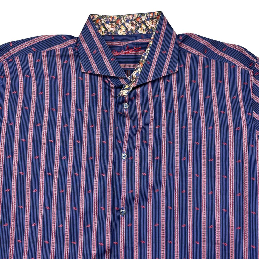 Robert Graham Dress Shirt Men's 44 - 17.5 Blue Red Striped Long Sleeve Button Up
